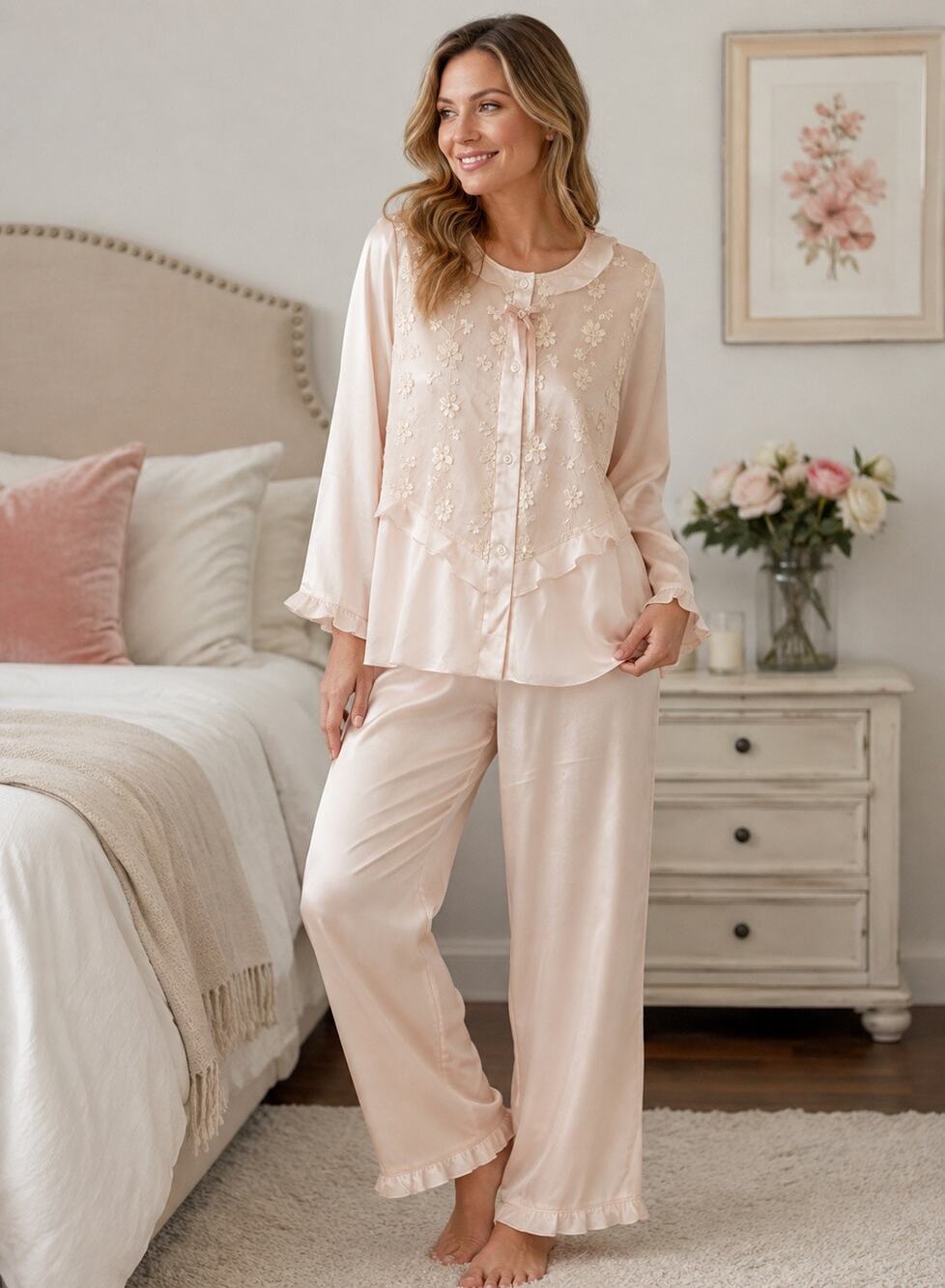 Carina Womens Pink Satin Pajama Set Floral Embroidered Ruffle Romantic